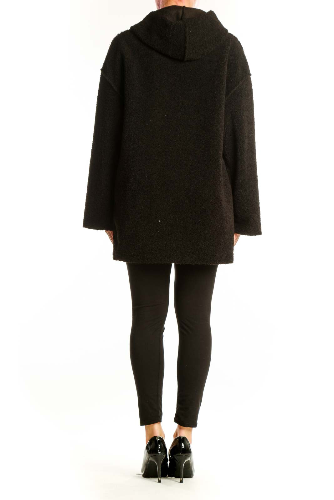 Black hooded polyester jacket with functional pockets and relaxed silhouette, back view