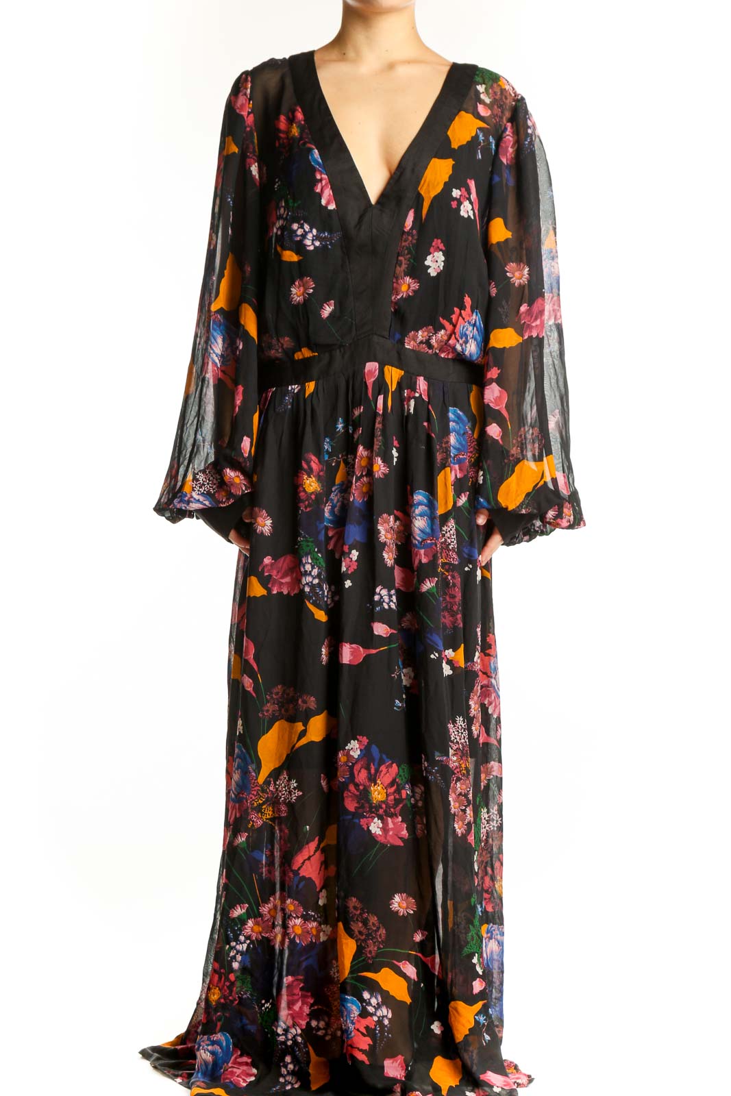 Black floral maxi wrap dress with multicolor blooms, deep V-neckline, and billowing bell sleeves with mesh detailing