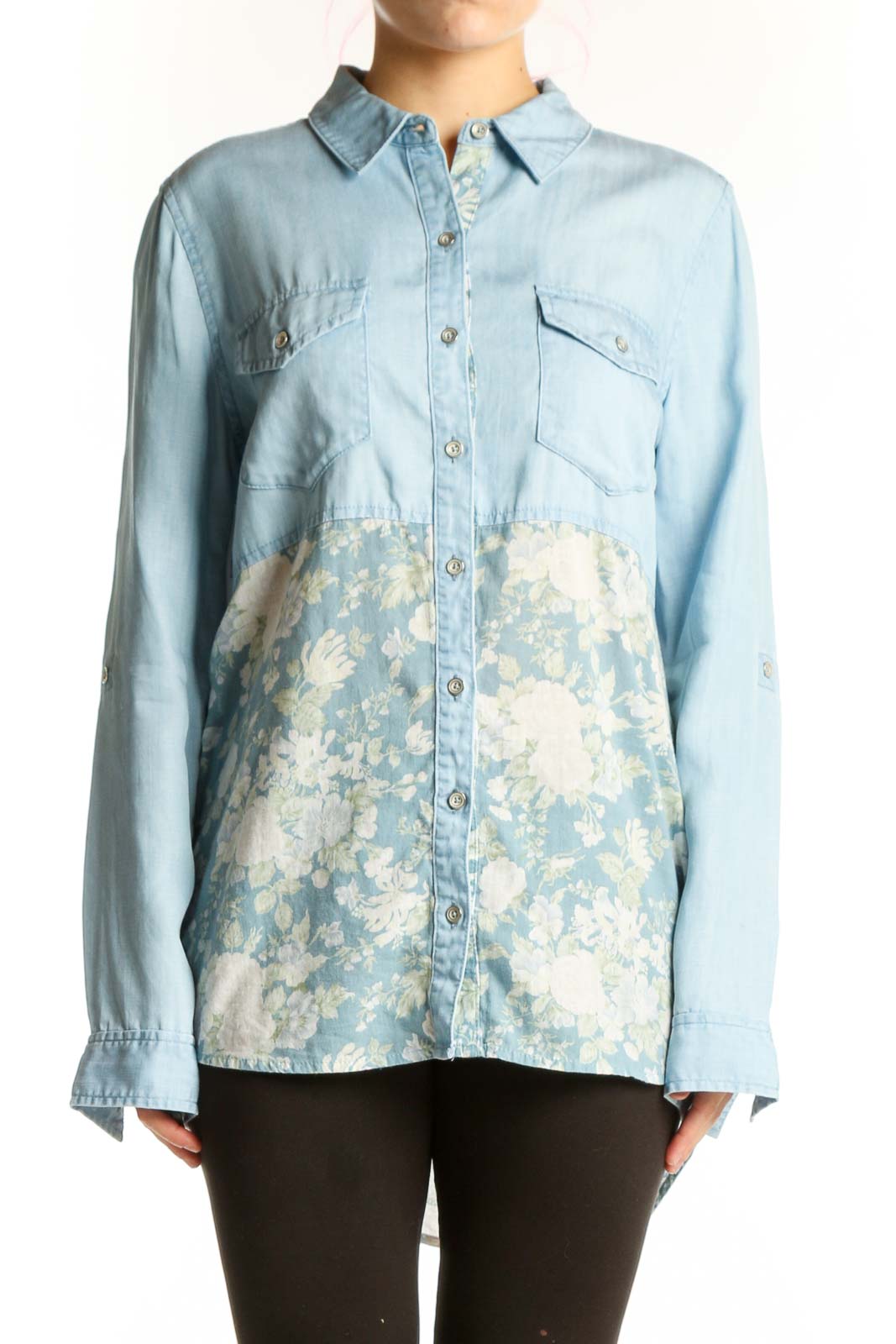 Light blue denim button-up shirt with cream floral print detail, front view