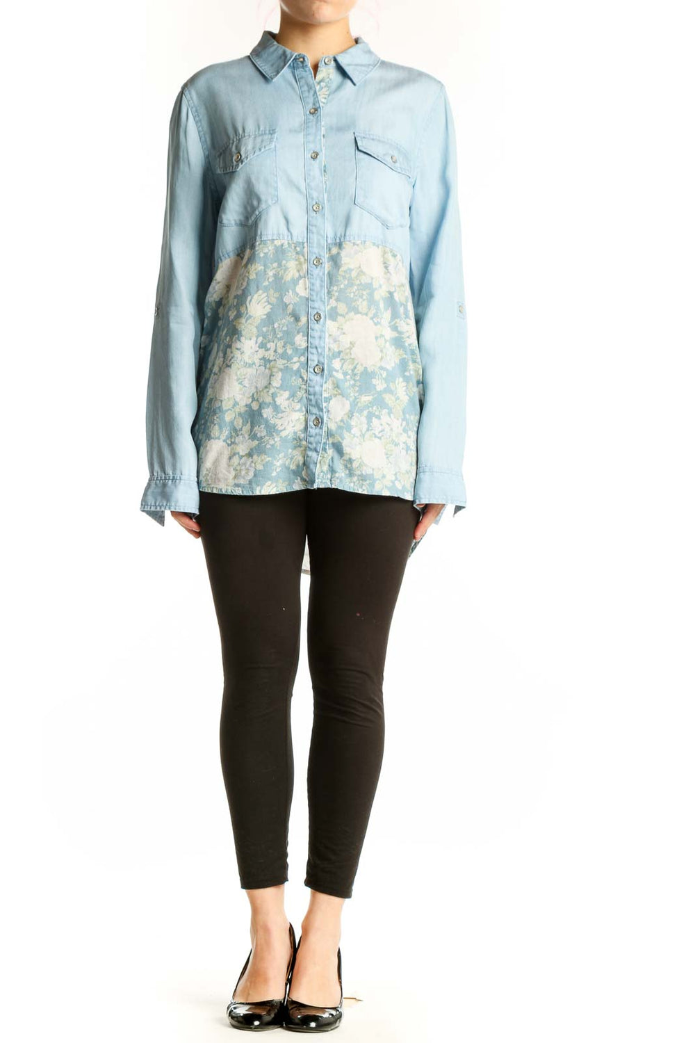 Light blue denim button-up shirt with cream floral print detail, front view