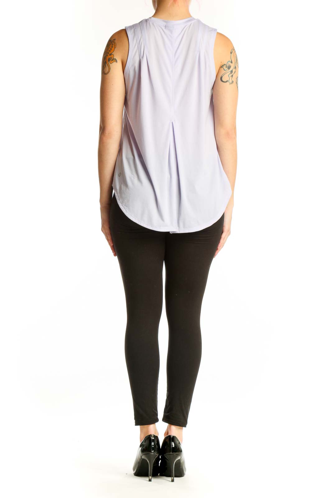Lavender sleeveless Lululemon tank top back view, showing relaxed fit and draping