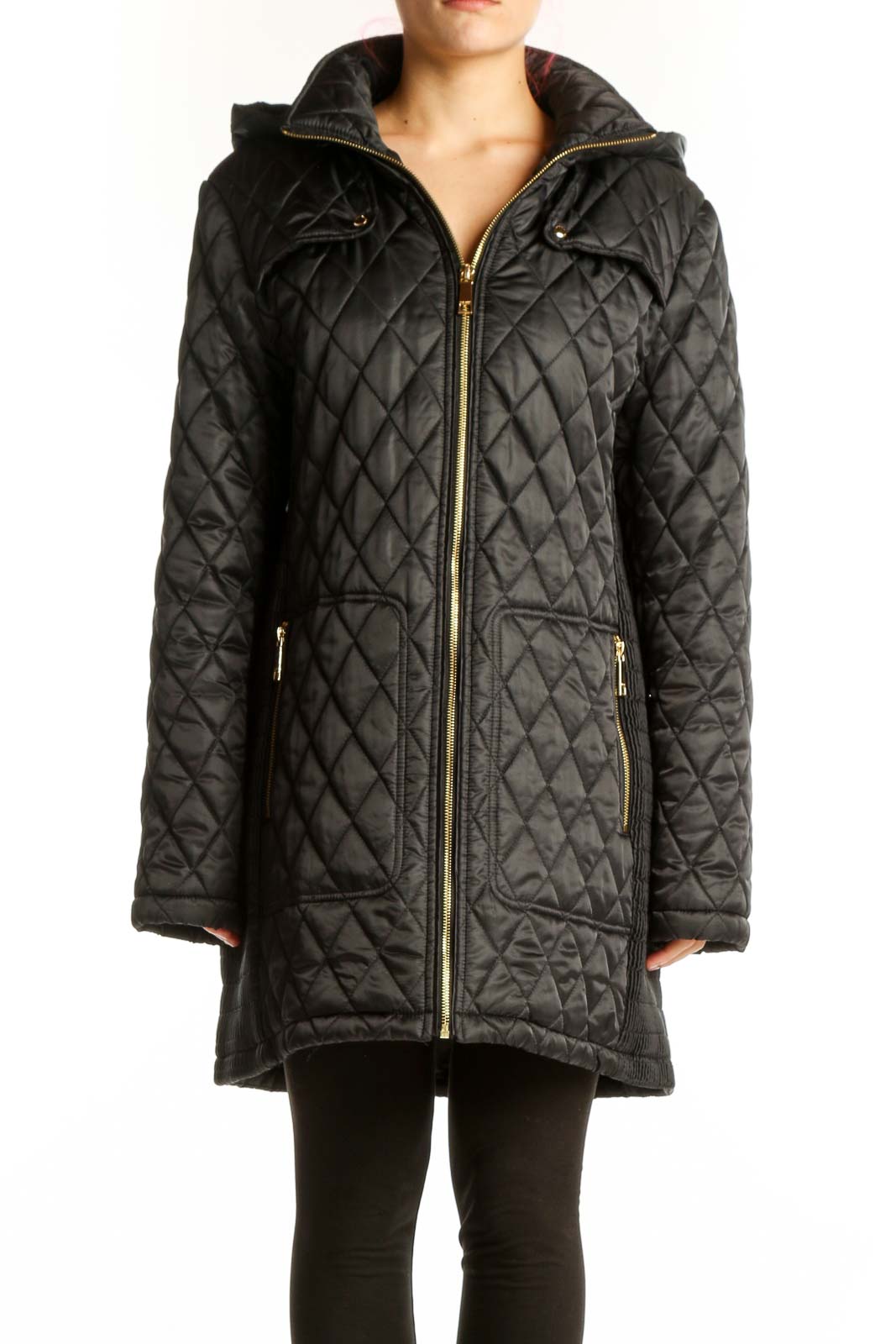 Black quilted hooded parka coat by Nine West with diamond quilting pattern and full-zip closure, front view