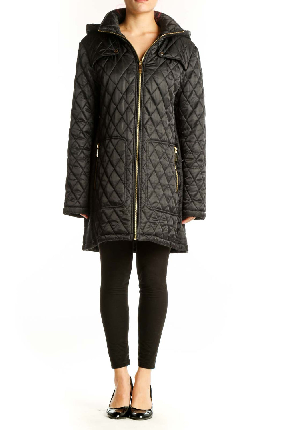 Black quilted hooded parka coat by Nine West with diamond quilting pattern and full-zip closure, front view