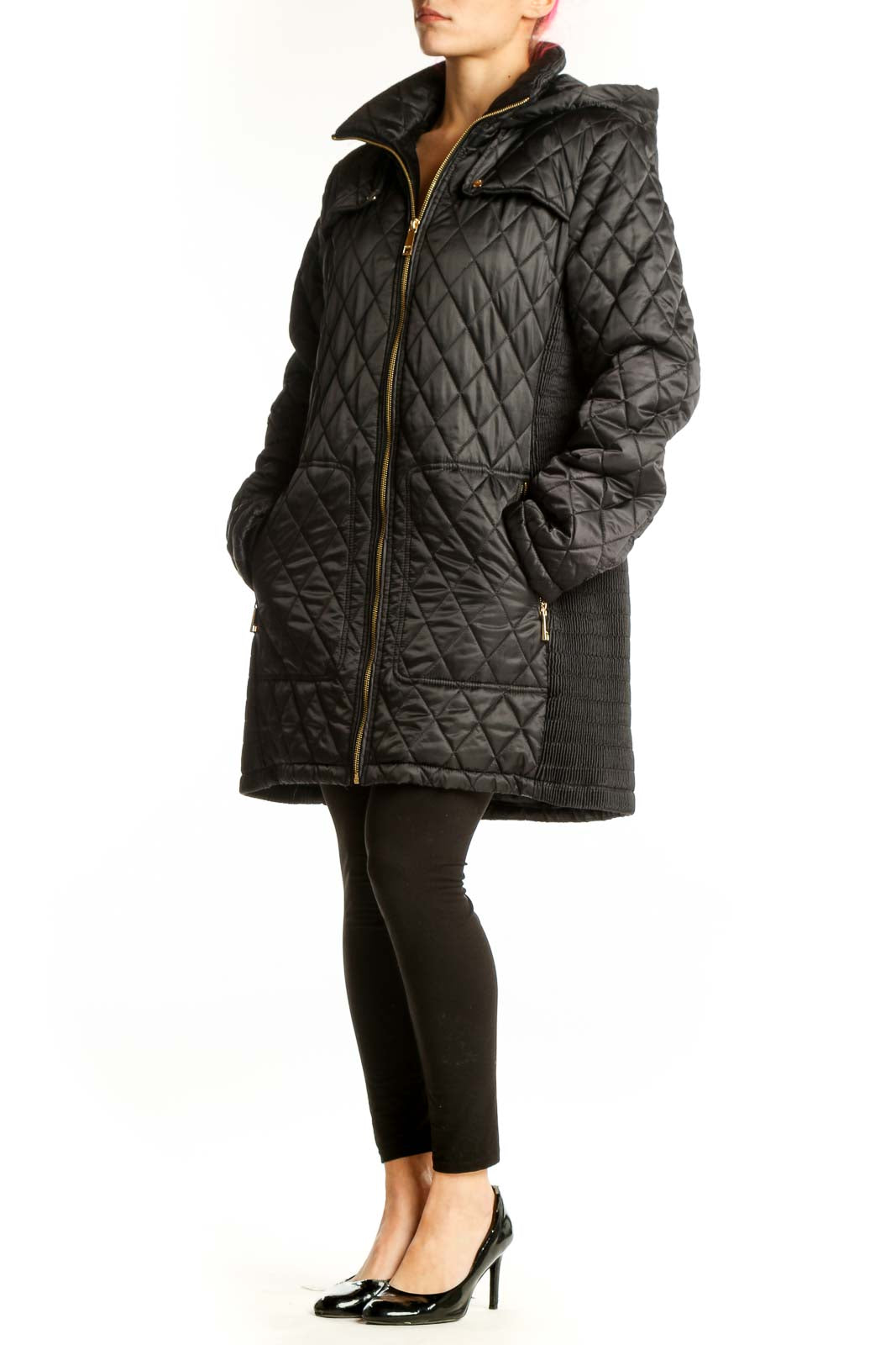 Black quilted hooded parka coat by Nine West with diamond quilting pattern and full-zip closure, front view
