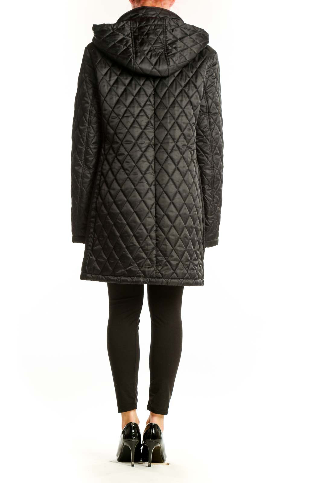 Black quilted hooded parka coat by Nine West showing back view with hooded collar and quilted design