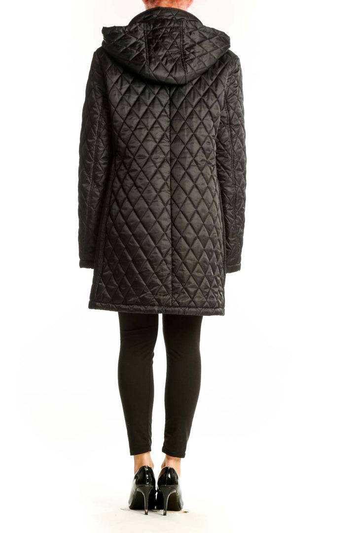 Black quilted hooded parka coat by Nine West showing back view with hooded collar and quilted design
