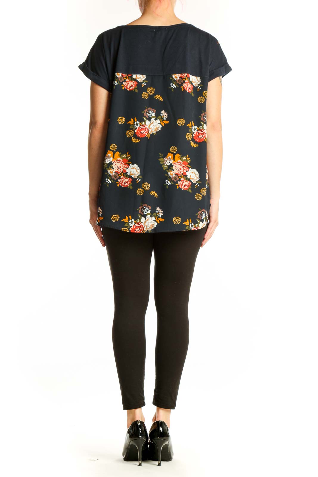 Back view of black floral print Mason & Belle top showing full botanical flower design and relaxed silhouette