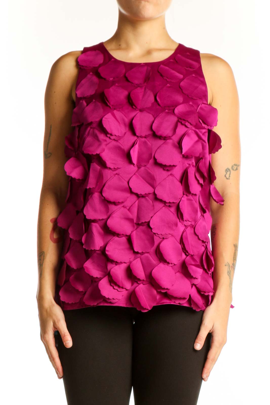 Front view of Ann Taylor magenta sleeveless top with petal textures