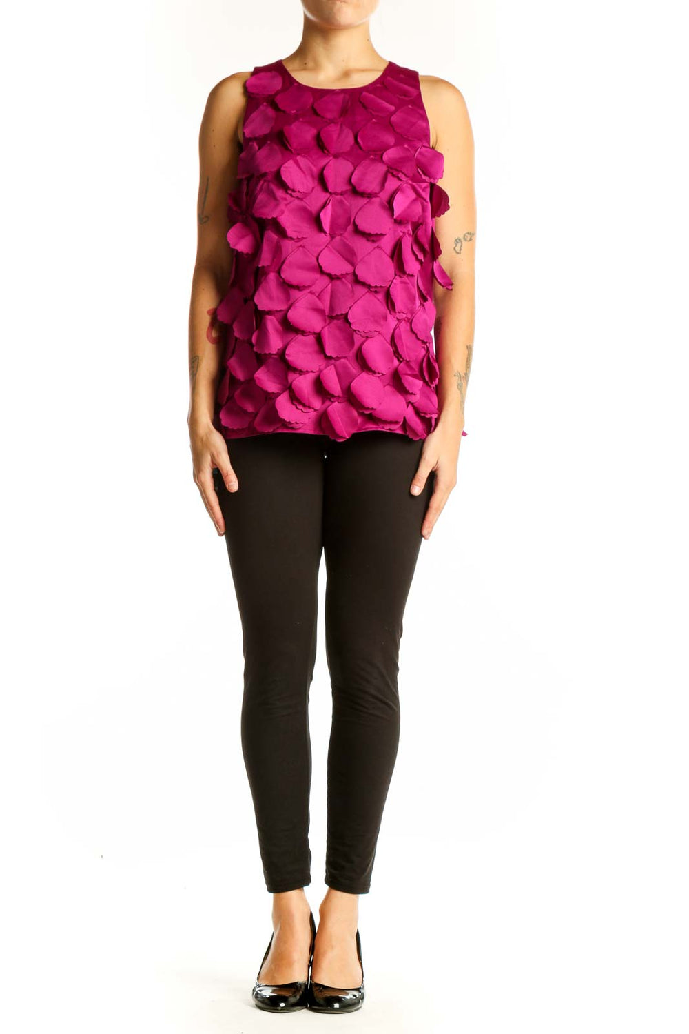 Front view of Ann Taylor magenta sleeveless top with petal textures