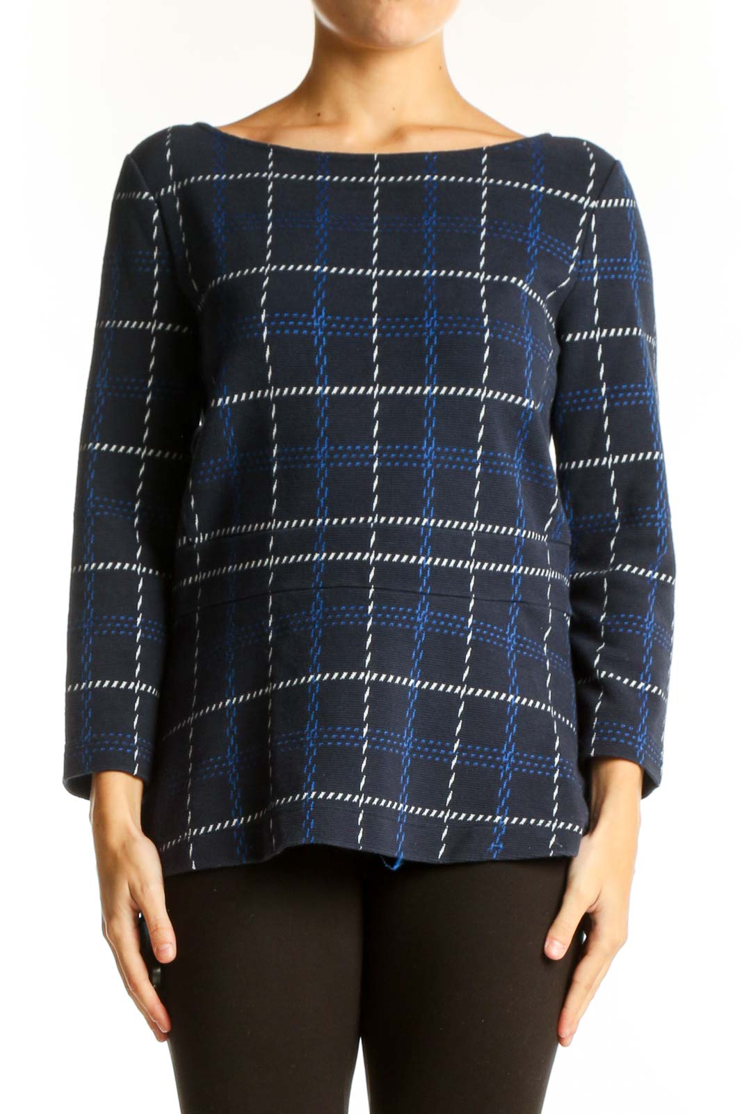 Front view of Ann Taylor navy plaid boat neck long sleeve top