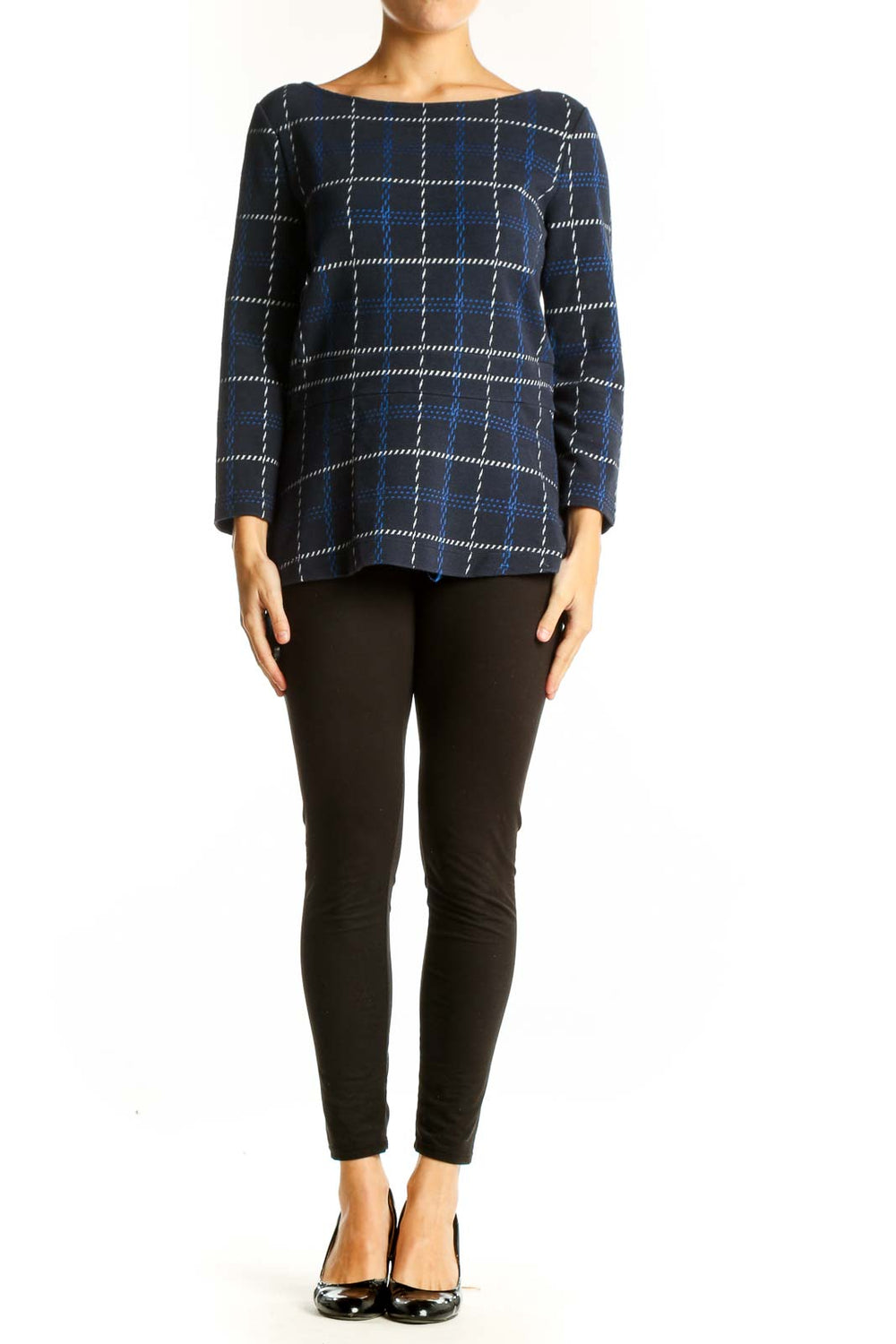 Front view of Ann Taylor navy plaid boat neck long sleeve top