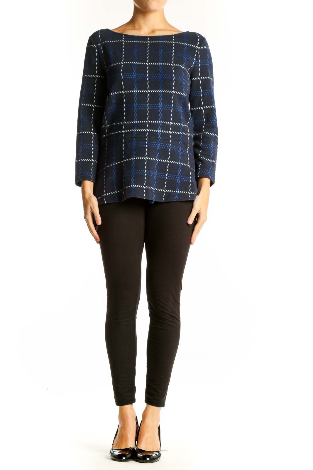 Front view of Ann Taylor navy plaid boat neck long sleeve top