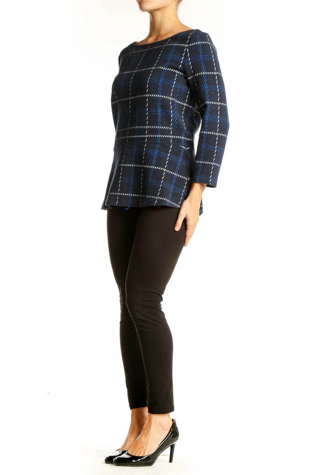 Front view of Ann Taylor navy plaid boat neck long sleeve top