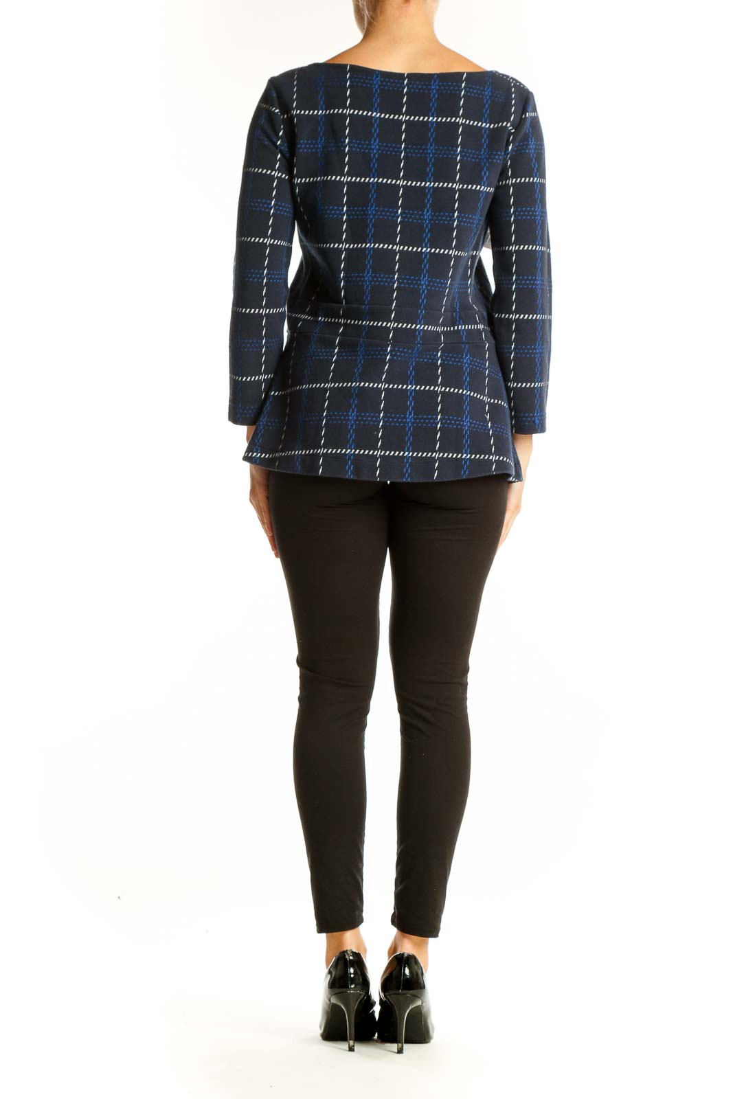 Side view of Ann Taylor navy plaid boat neck long sleeve top on model