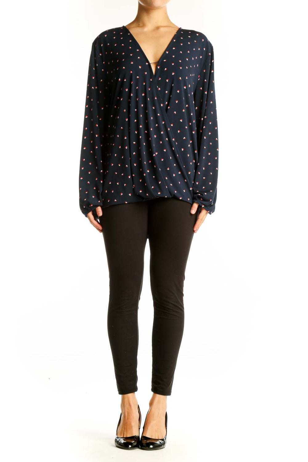 Front view of Banana Republic navy polka dot wrap blouse with V-neckline