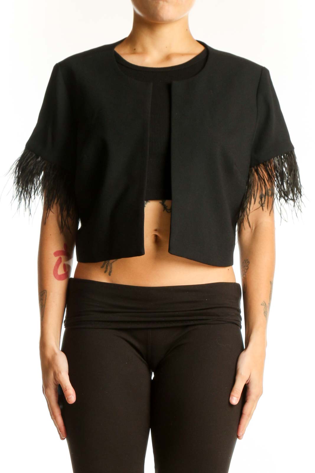Front view of Black Feather-Trimmed Cropped Jacket from White House Black Market