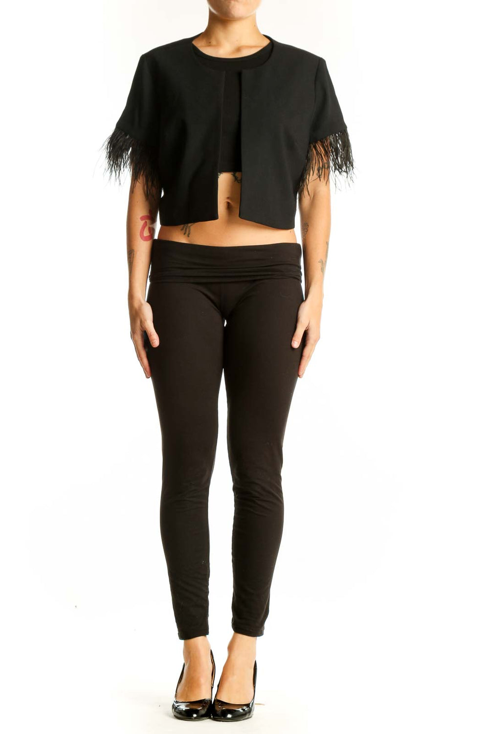 Front view of Black Feather-Trimmed Cropped Jacket from White House Black Market