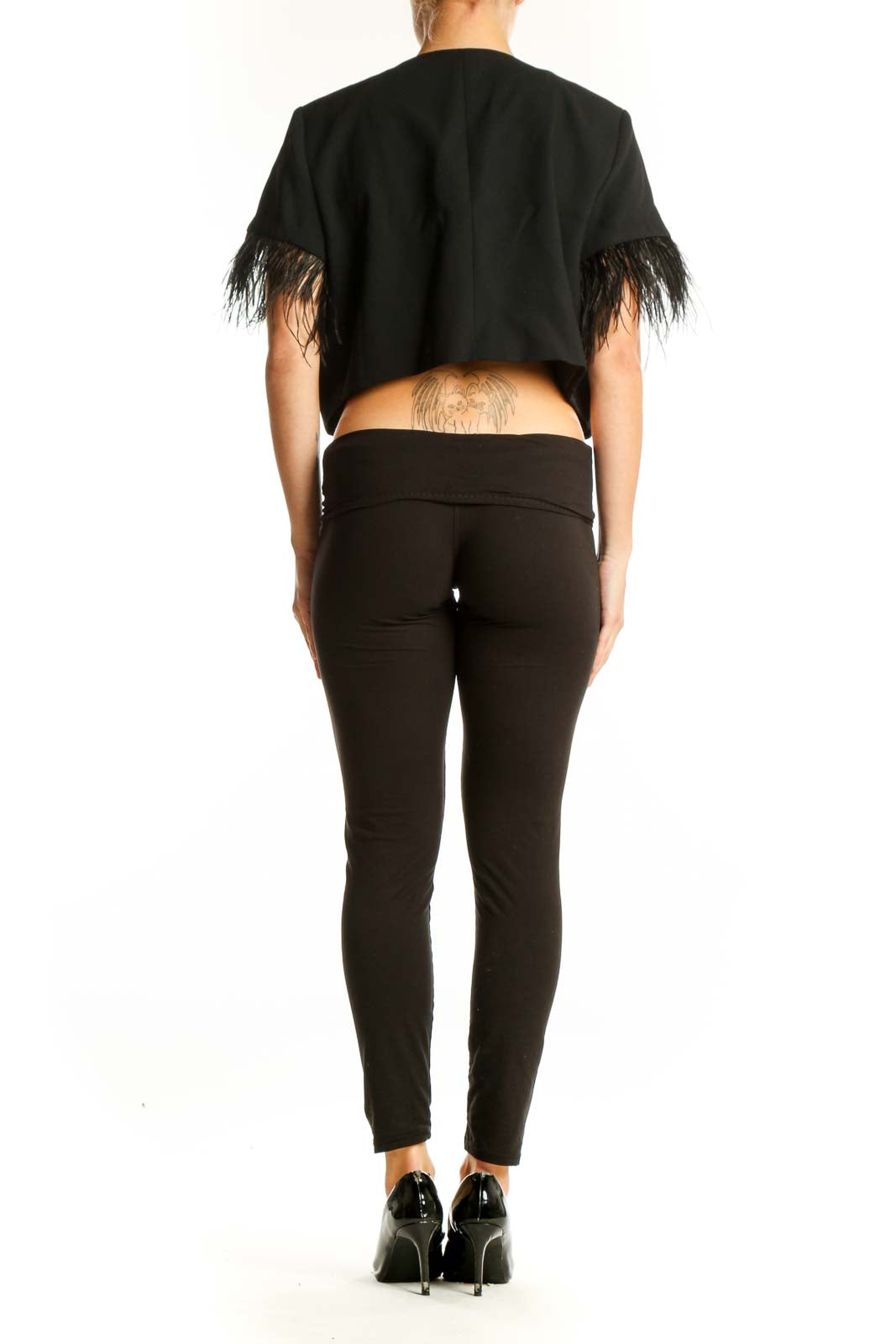 Back view of Black Feather-Trimmed Cropped Jacket from White House Black Market