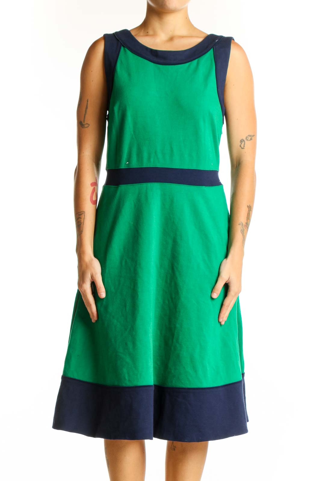 Front view of green sleeveless dress with navy trim from Lands' End