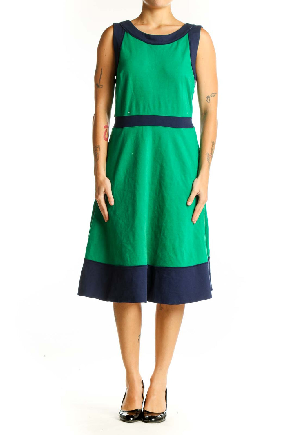 Front view of green sleeveless dress with navy trim from Lands' End