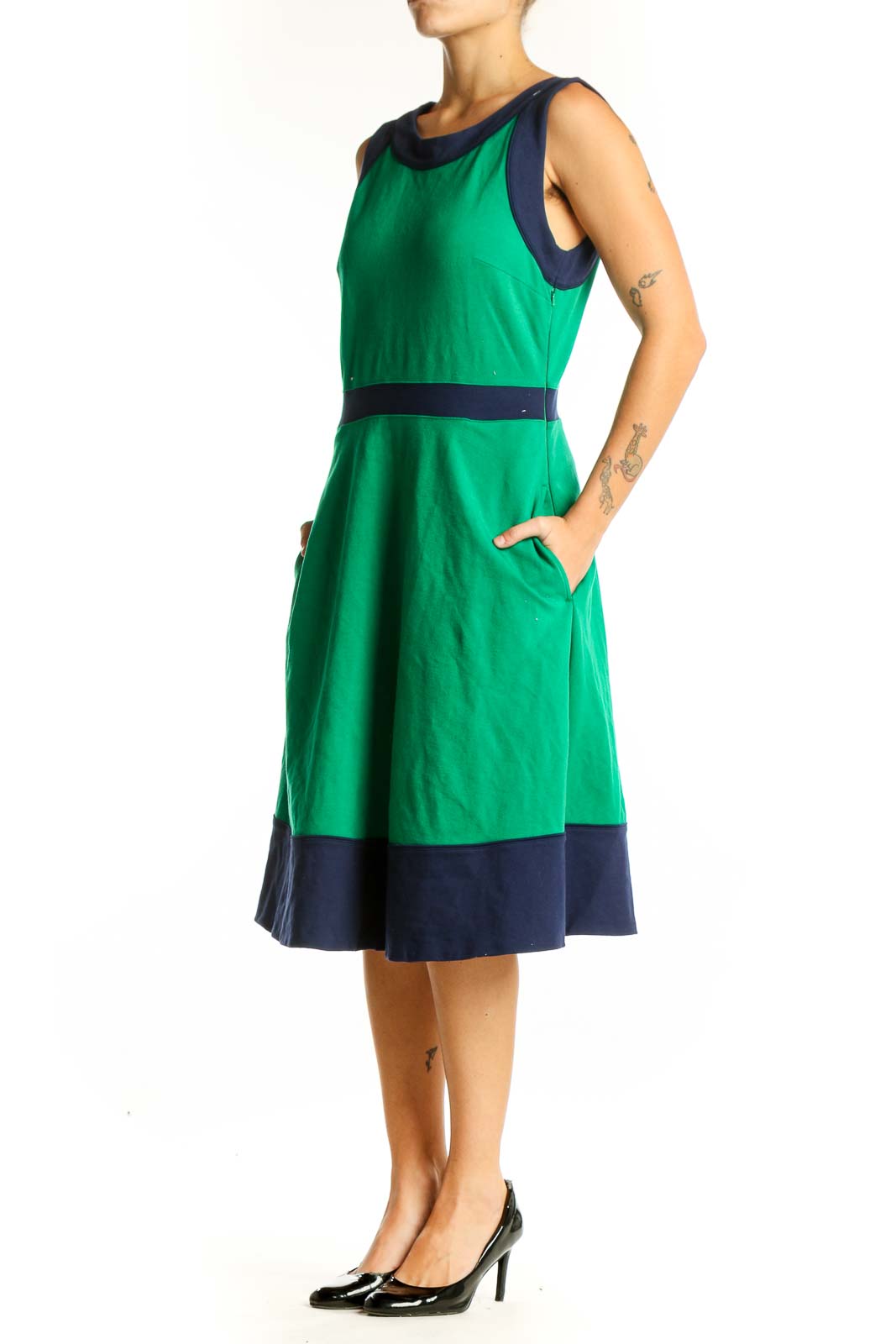 Front view of green sleeveless dress with navy trim from Lands' End