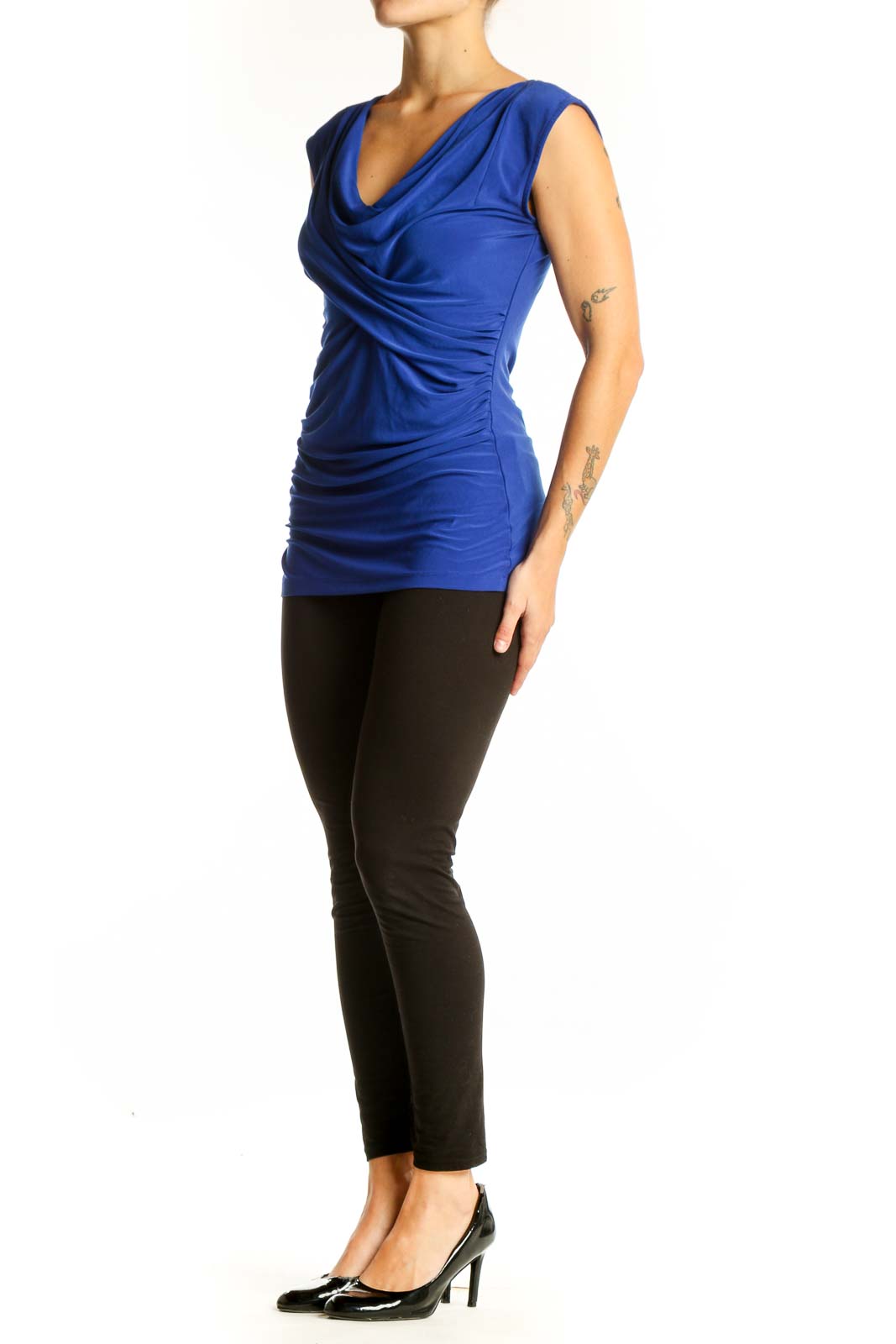 Front view of royal blue Vince sleeveless top with draped neckline