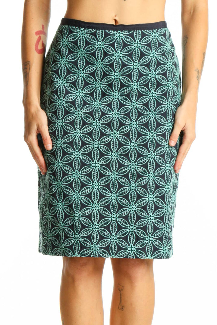 Front view of Talbots green geometric print pencil skirt