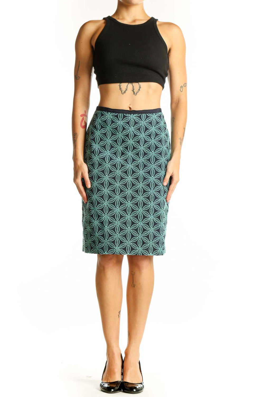 Front view of Talbots green geometric print pencil skirt
