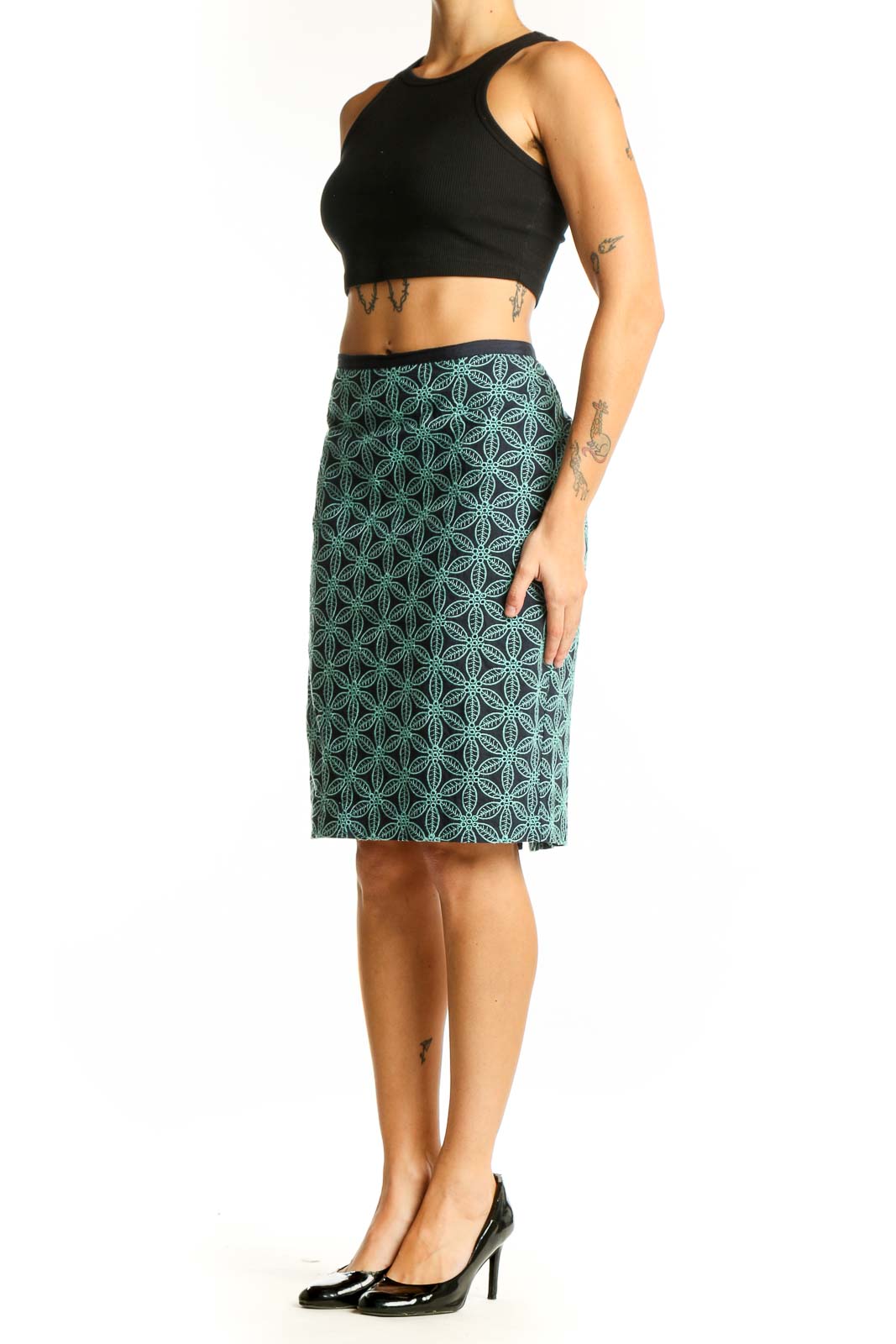 Front view of Talbots green geometric print pencil skirt