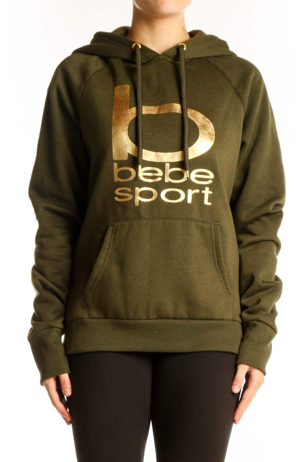 Front view of olive Bebe Sport hoodie with gold logo print