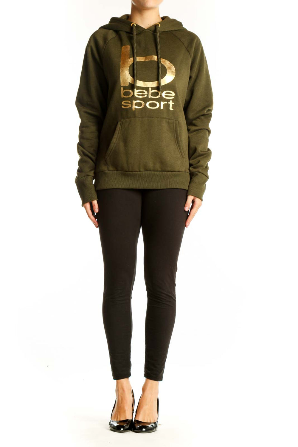 Front view of olive Bebe Sport hoodie with gold logo print