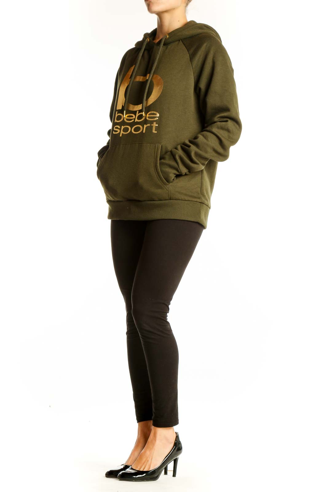 Front view of olive Bebe Sport hoodie with gold logo print