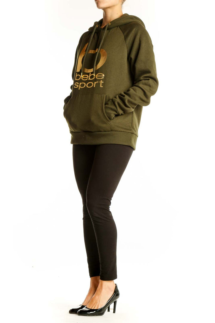 Front view of olive Bebe Sport hoodie with gold logo print