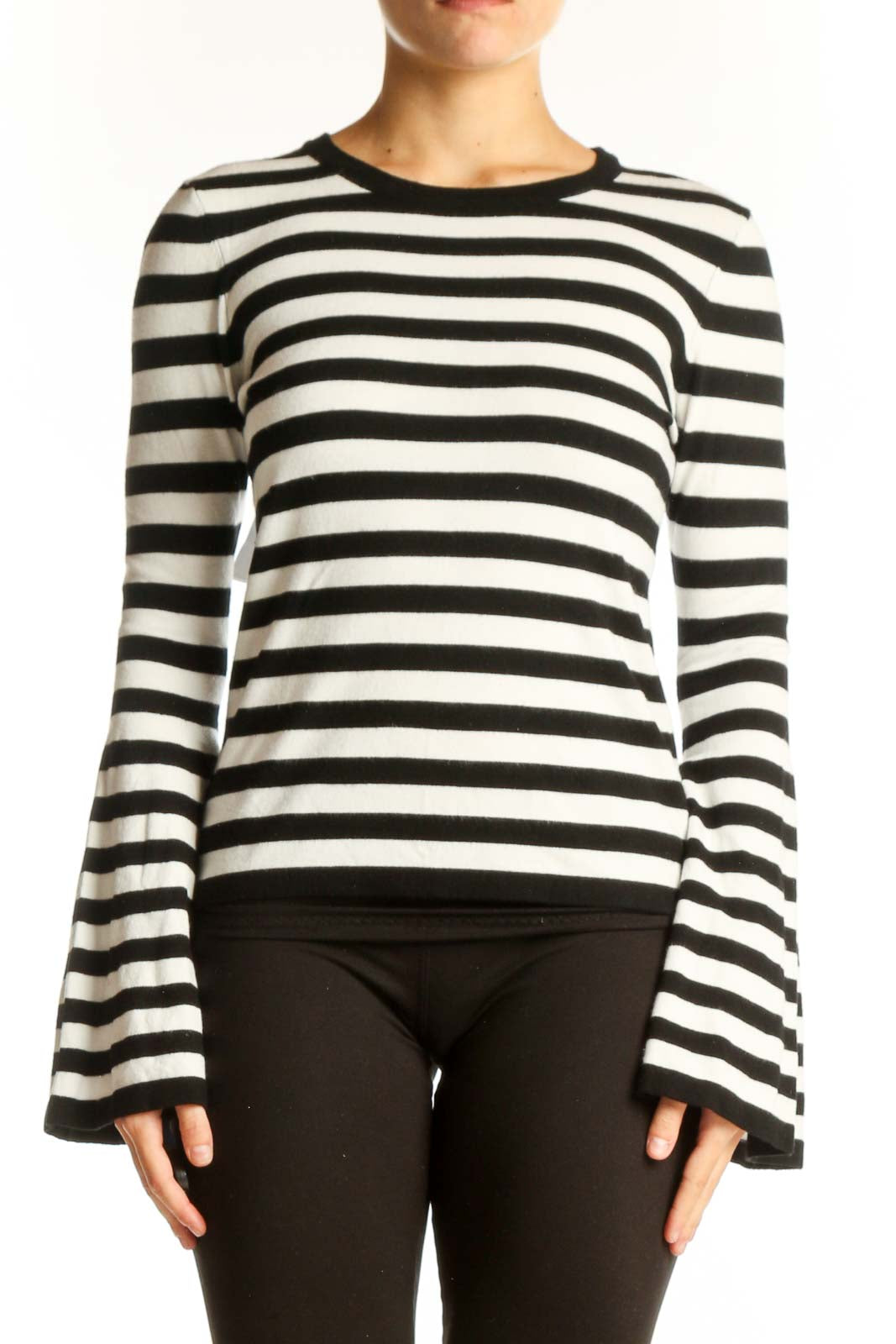Front view of Milly Black and White Striped Bell Sleeve Knit Top