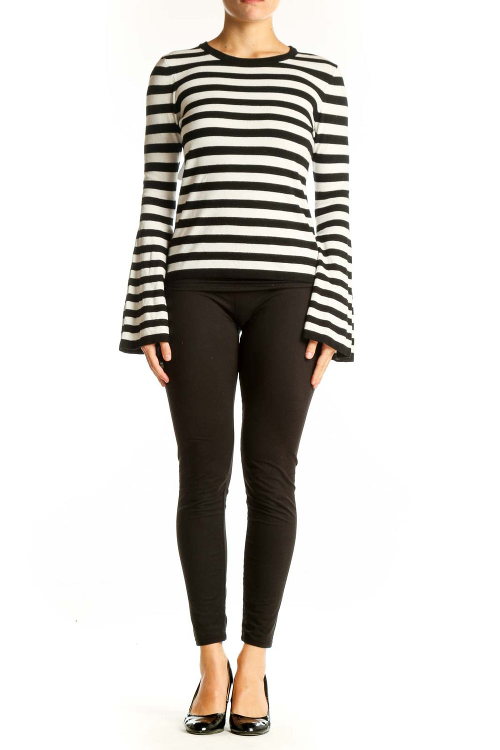 Front view of Milly Black and White Striped Bell Sleeve Knit Top