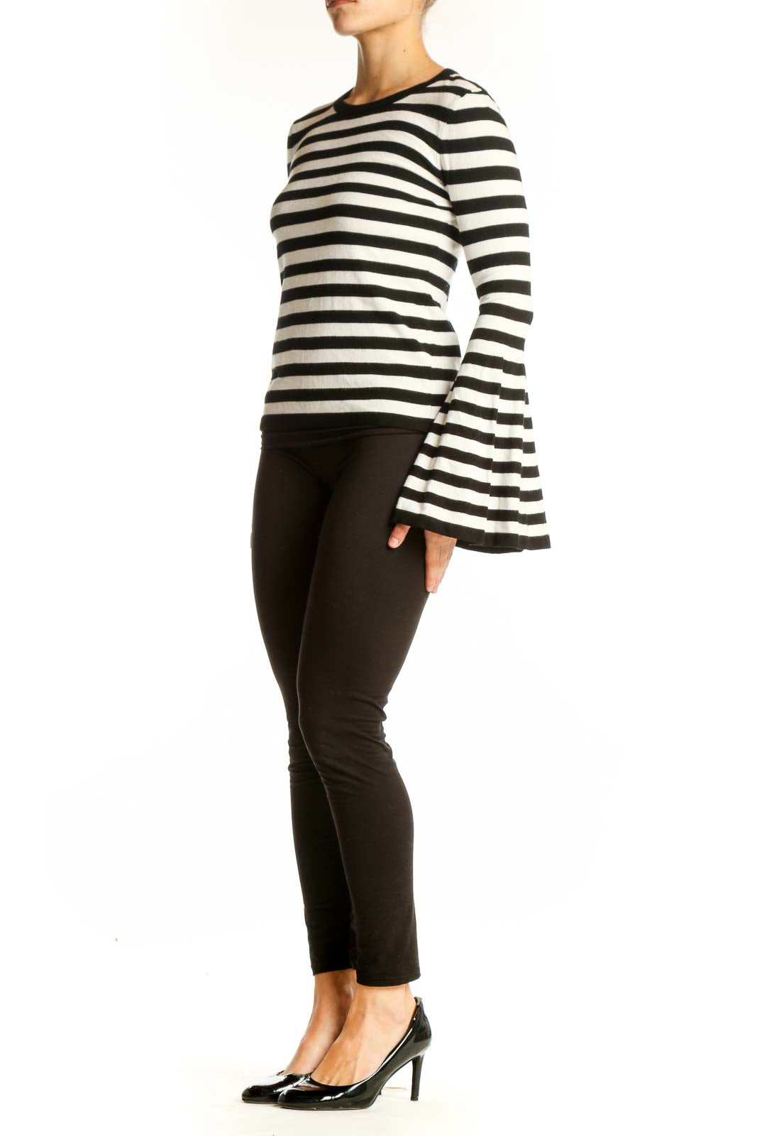 Front view of Milly Black and White Striped Bell Sleeve Knit Top