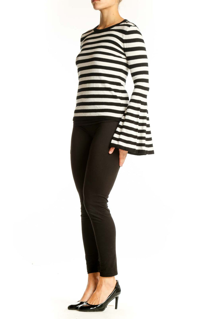 Front view of Milly Black and White Striped Bell Sleeve Knit Top