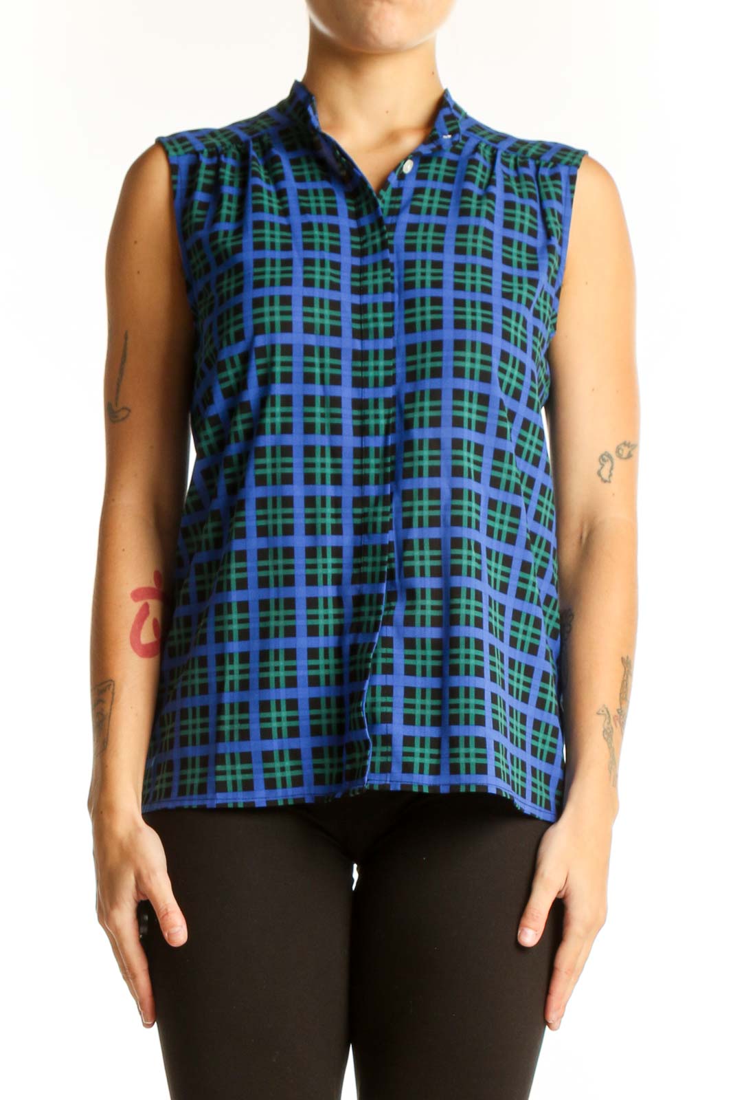 Front view of J.Crew blue and green plaid sleeveless top