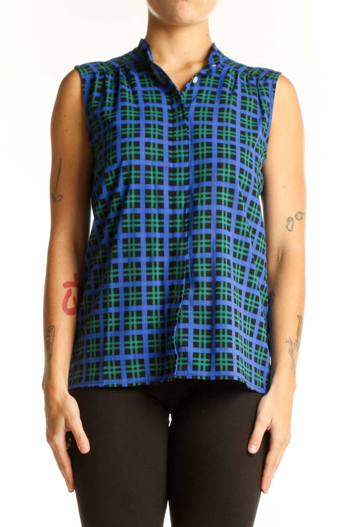Front view of J.Crew blue and green plaid sleeveless top