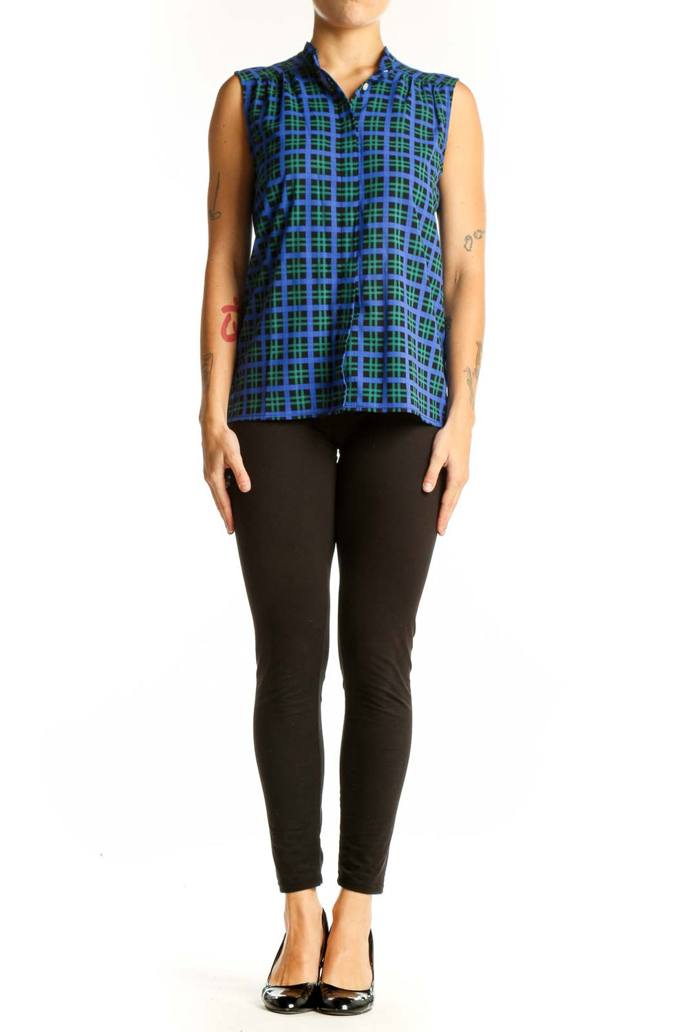 Front view of J.Crew blue and green plaid sleeveless top