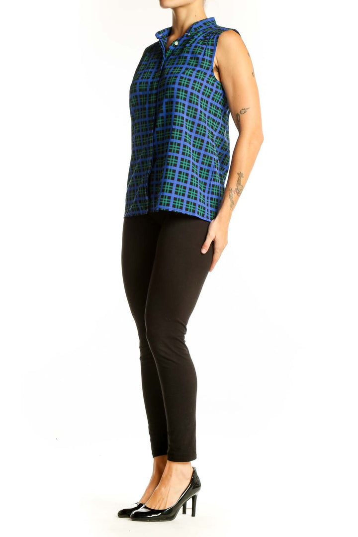 Front view of J.Crew blue and green plaid sleeveless top