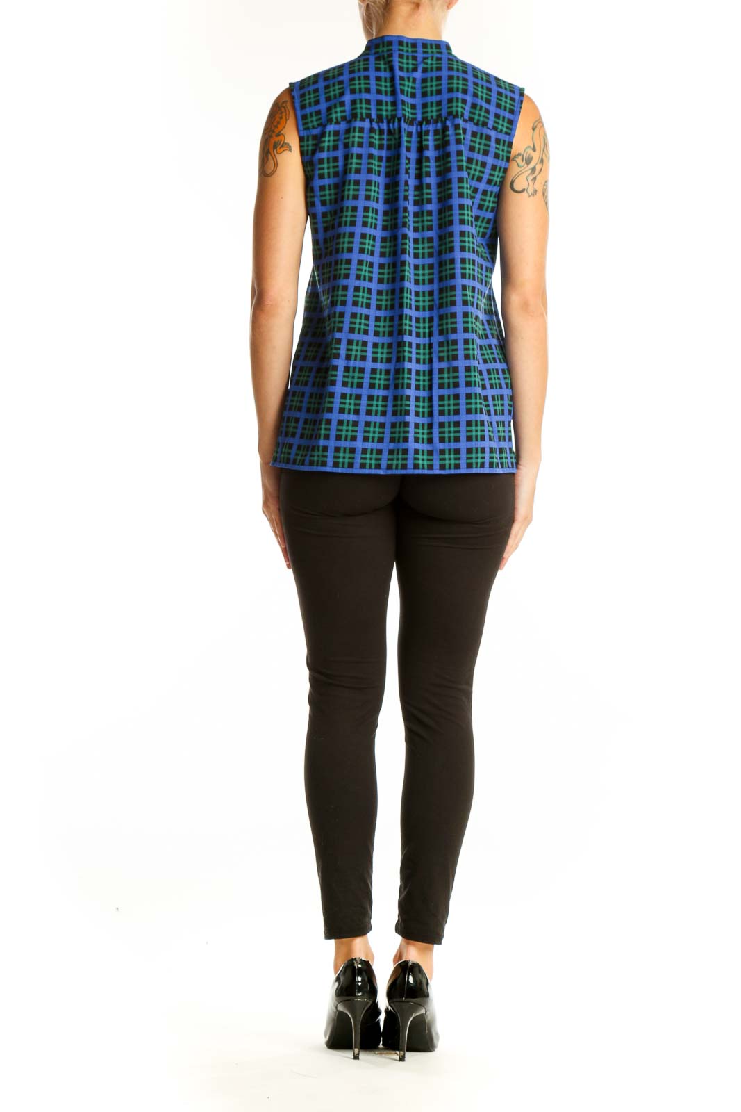 Side view of J.Crew blue and green plaid sleeveless top on model