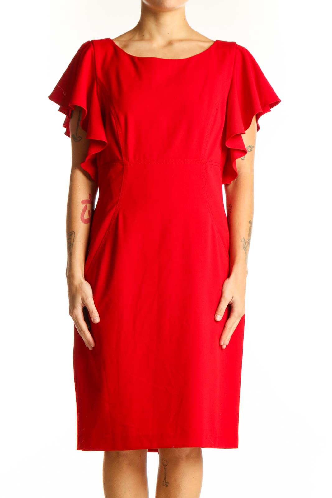 Front view of red Calvin Klein cocktail dress with ruffled sleeves