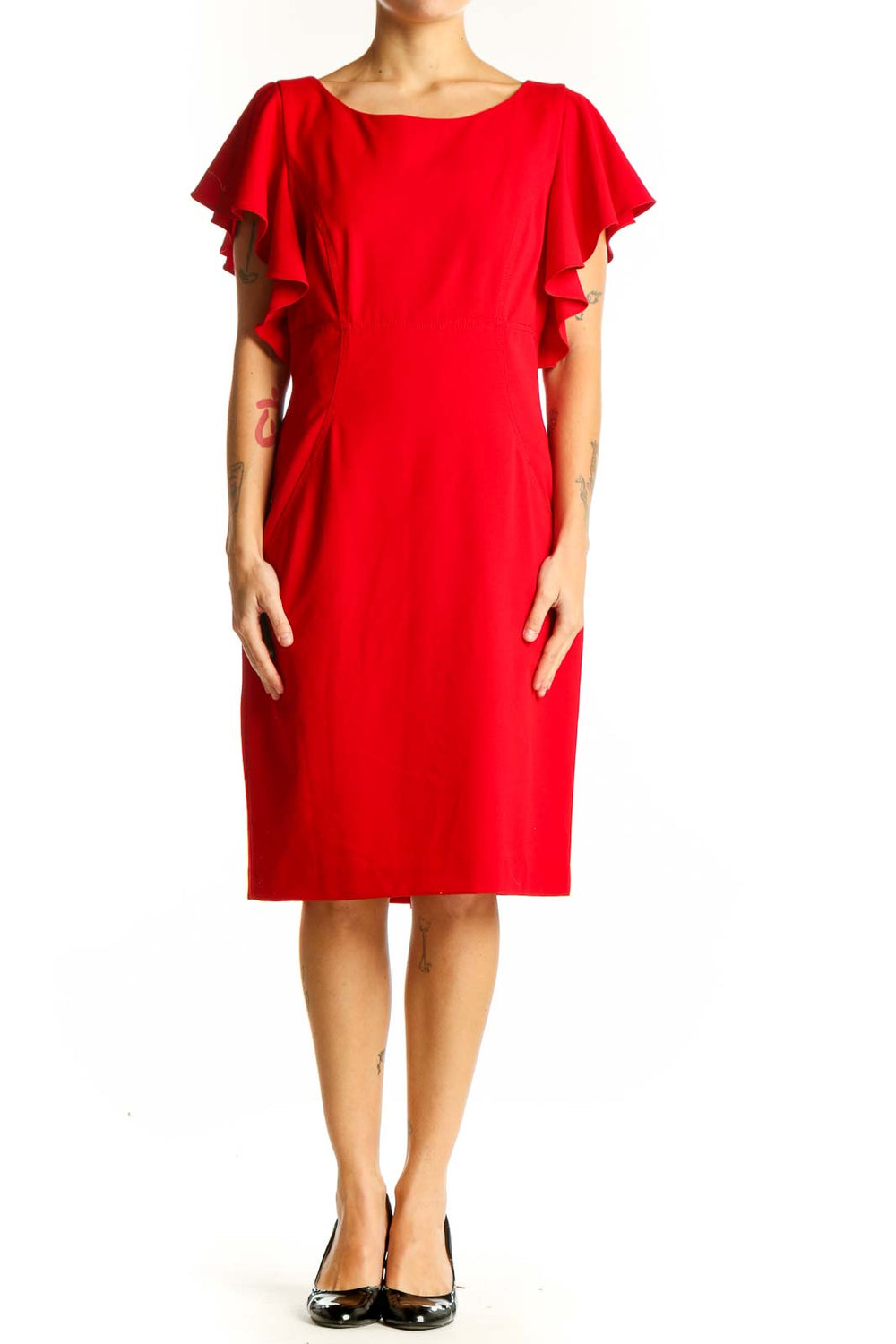 Front view of red Calvin Klein cocktail dress with ruffled sleeves