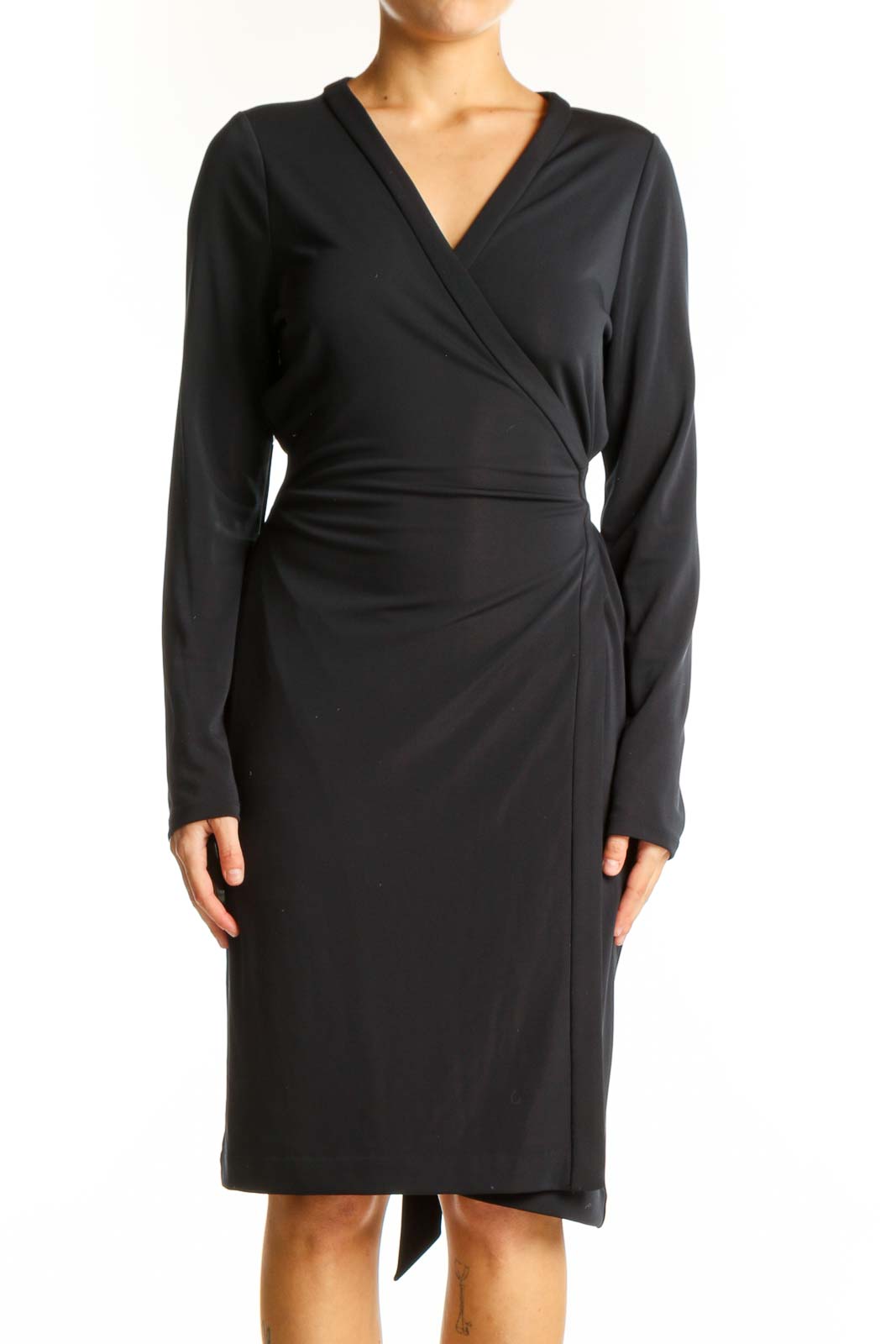 Front view of Ann Taylor black wrap-style polyester dress with V-neckline
