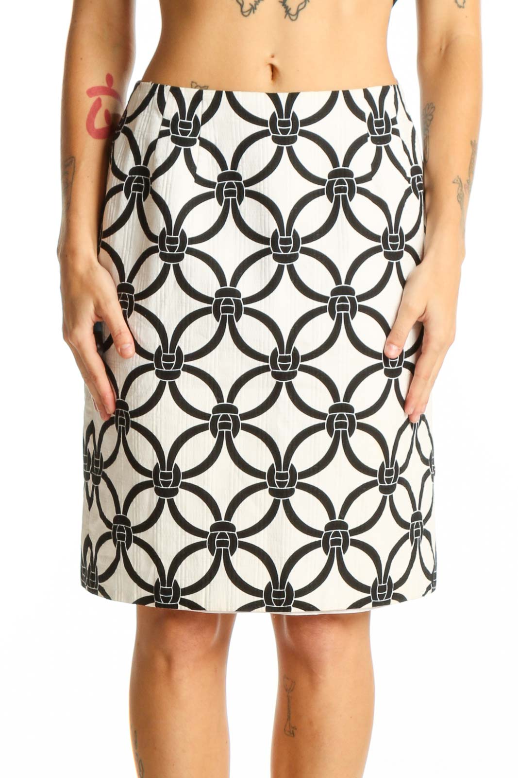 Front view of Talbots white and black geometric print A-line skirt