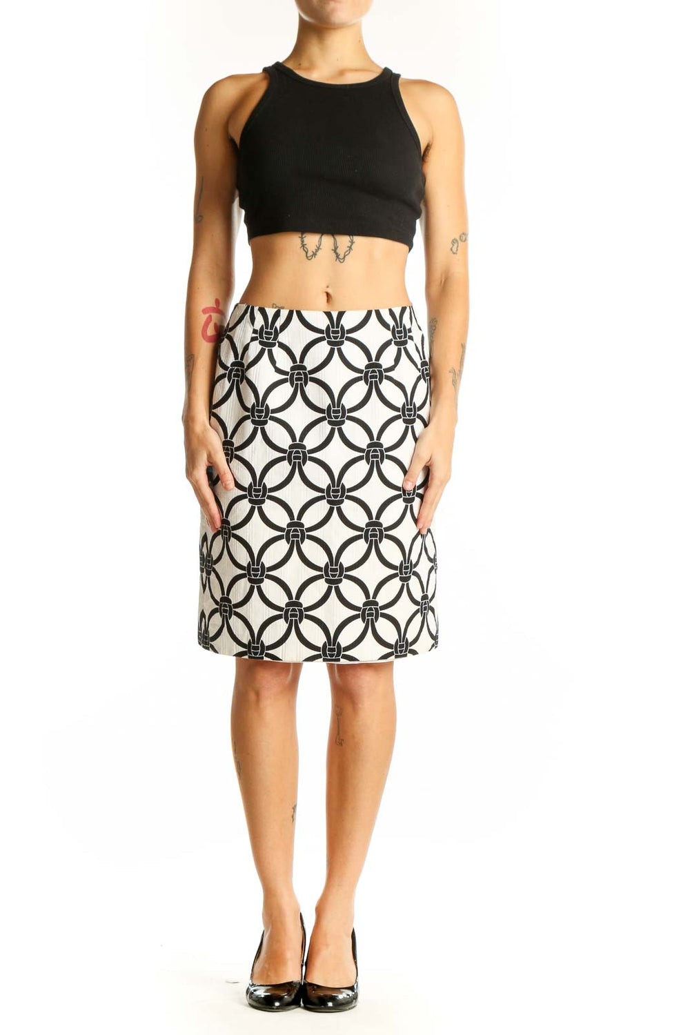 Front view of Talbots white and black geometric print A-line skirt