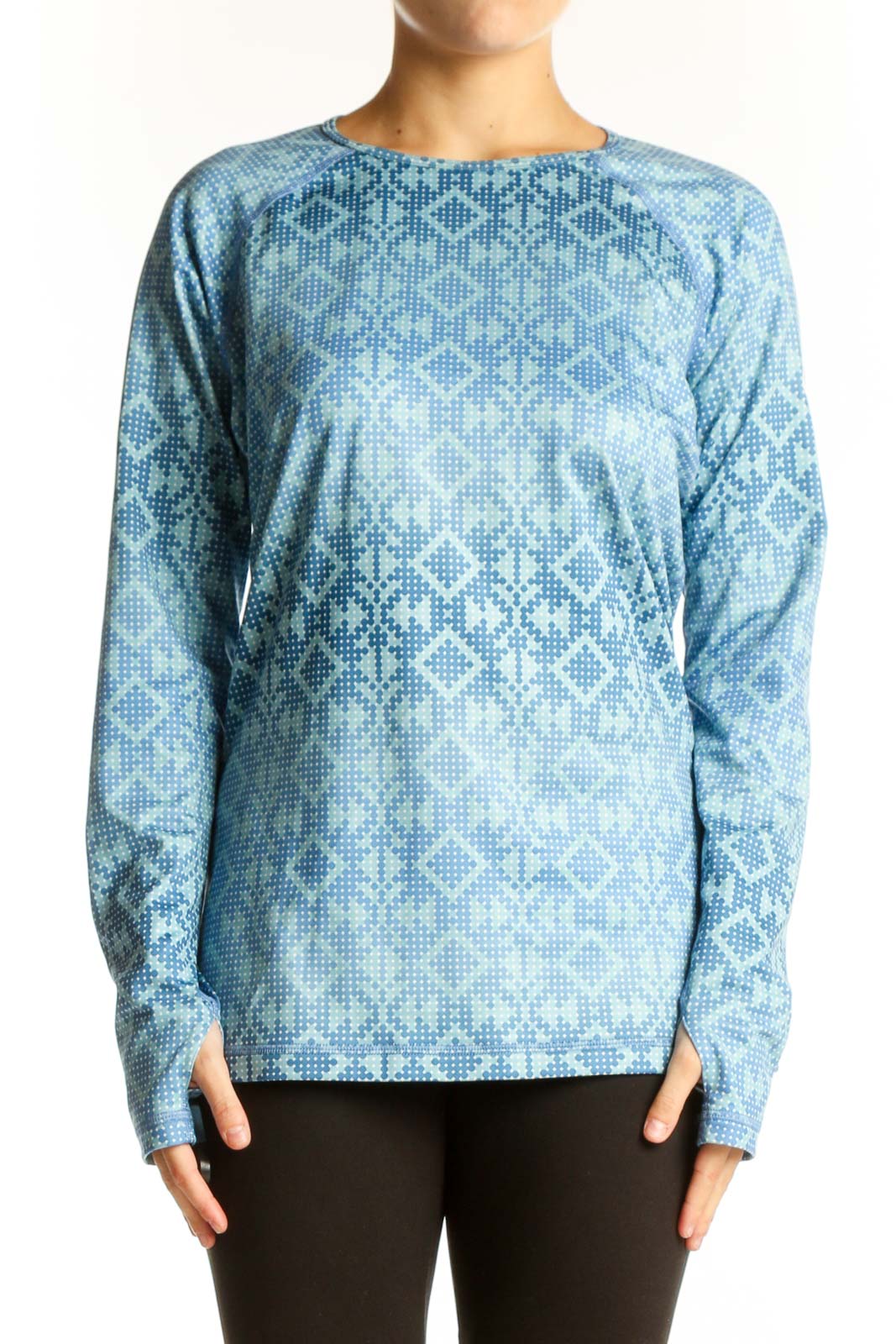 Front view of blue geometric print Nike Pro long sleeve athletic top