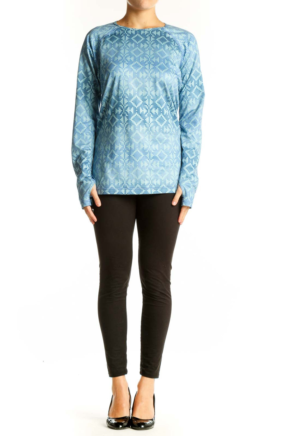 Front view of blue geometric print Nike Pro long sleeve athletic top