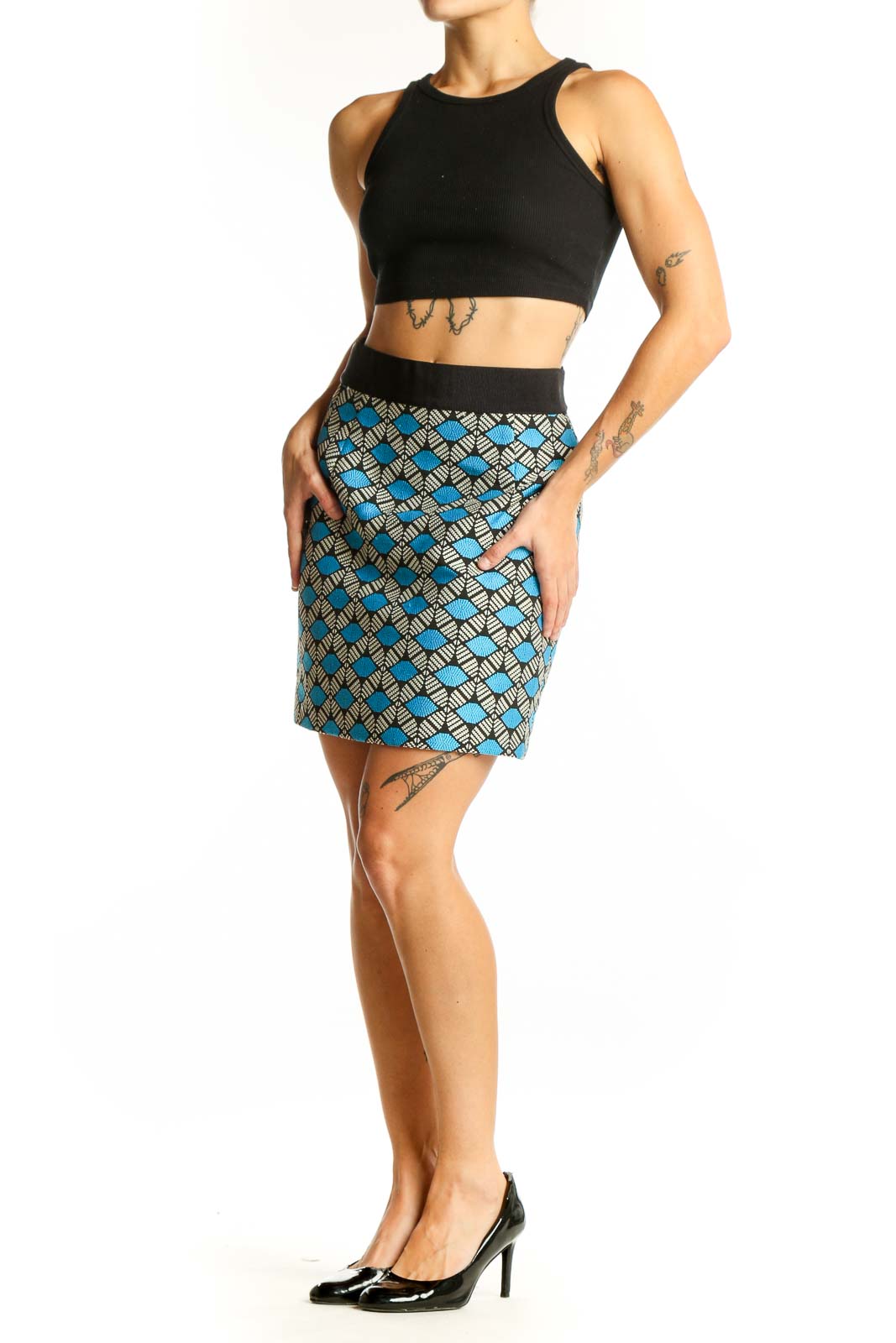 Front view of Milly blue geometric print mini skirt with black waistband